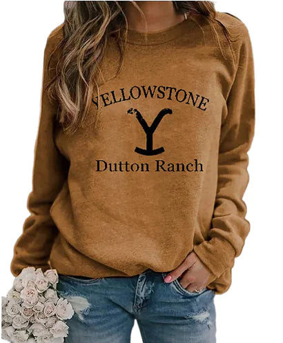 Printed Long Sleeve Crew Neck Sweatshirt - Yellow Stone