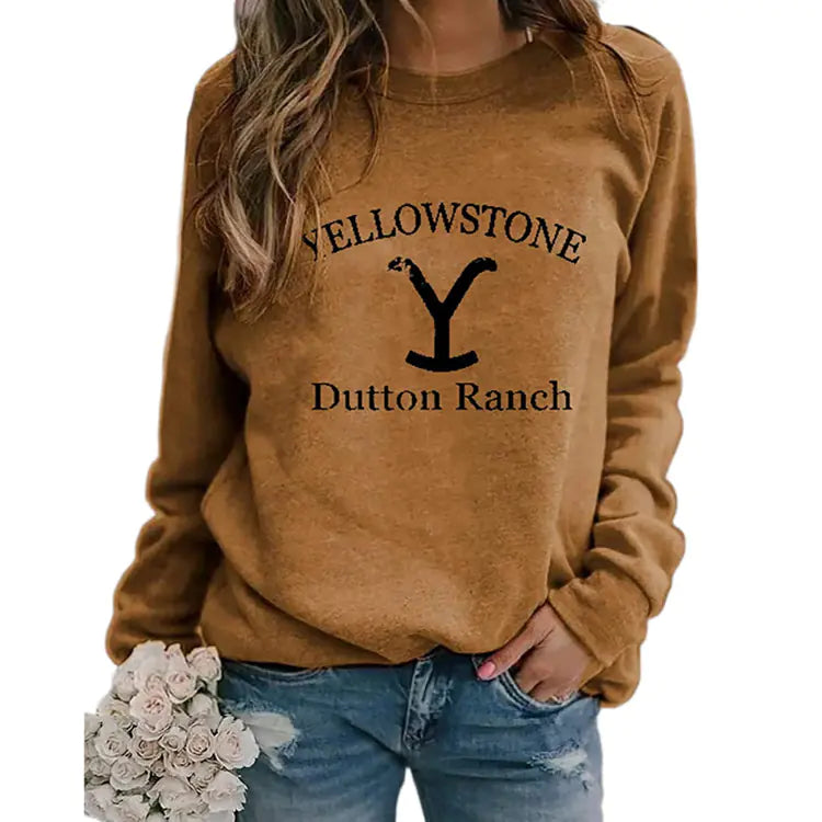 Printed Long Sleeve Crew Neck Sweatshirt - Yellow Stone