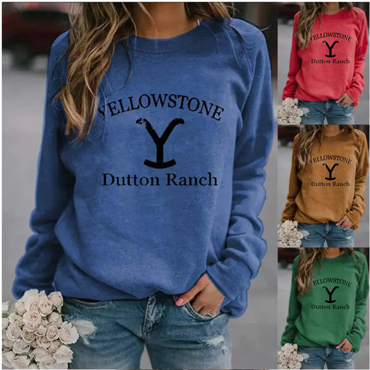 Printed Long Sleeve Crew Neck Sweatshirt - Yellow Stone